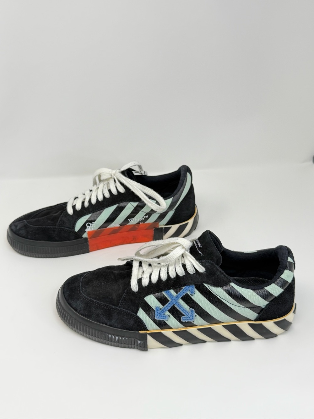 Off-White Black Suede Low-Top Sneakers with Mint Stripes and Blue Arrow